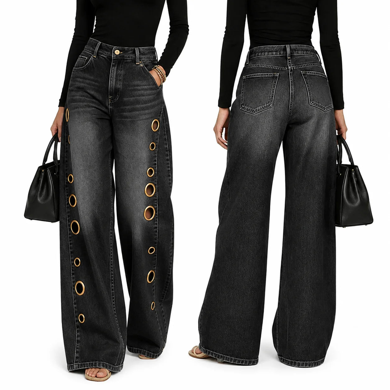 Women High Waist Wide Leg Jeans, Side Cutout Eyelet Rivet Denim Pants Loose Fit Hollow Out Flared Trousers Streetwear Fashion Baggy Jeans with Pockets