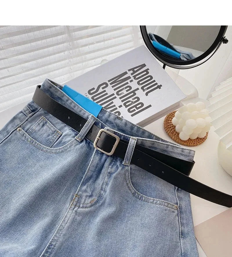 Korean Summer Wide Leg High Waist Denim Shorts With Belt Women Fashion Pocket Hot Pants Streetwear Casual Cowboy Jeans Shorts