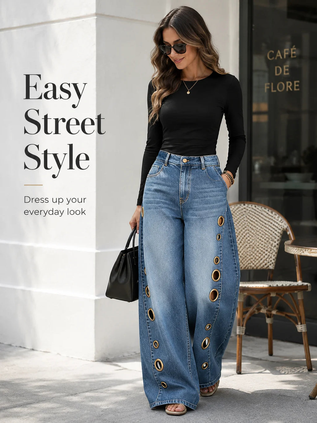 Women High Waist Wide Leg Jeans, Side Cutout Eyelet Rivet Denim Pants Loose Fit Hollow Out Flared Trousers Streetwear Fashion Baggy Jeans with Pockets