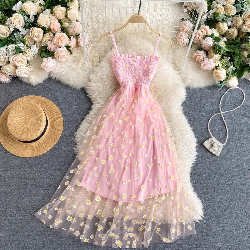 YuooMuoo Women Dress 2026 New Korean Fashion Delicate sleeveless dress with  floral accents, featuring a sheer overlay for a feminine and elegant look — perfect for summer outings or casual occasions.