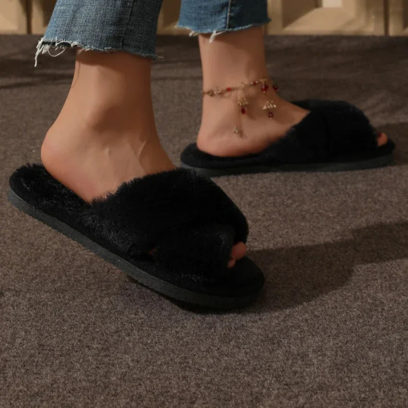 Autumn New Fashion Cross Strap Fur Slippers Women Indoor Light Warm Plush Home Slippers Woman Faux Fur Flat Heel Couple Slides