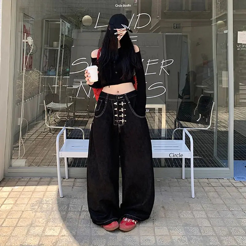 Y2k Clothes Jeans For Woman Baggy Loose Wide Leg Distressed Washed High Waist Trousers Streetwear Casual Long Pants