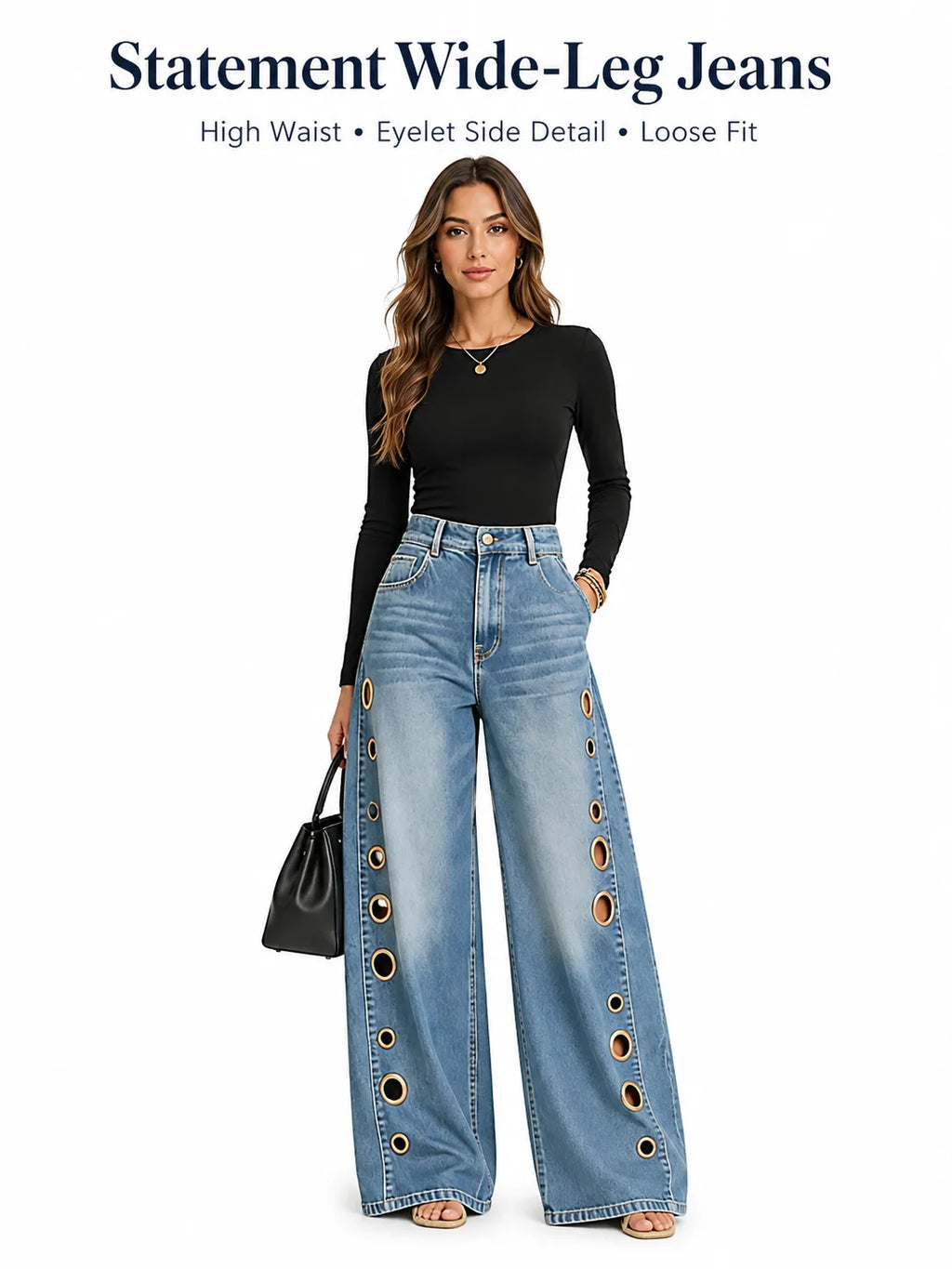 Women High Waist Wide Leg Jeans, Side Cutout Eyelet Rivet Denim Pants Loose Fit Hollow Out Flared Trousers Streetwear Fashion Baggy Jeans with Pockets