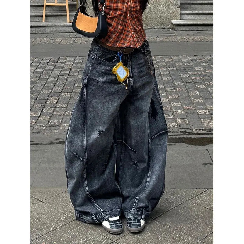 Black Jeans Women Vintage High Waisted Cargo Jeans Straight 2026 Summer Casual Loose Big Size Wide Leg Denim Baggy Pants