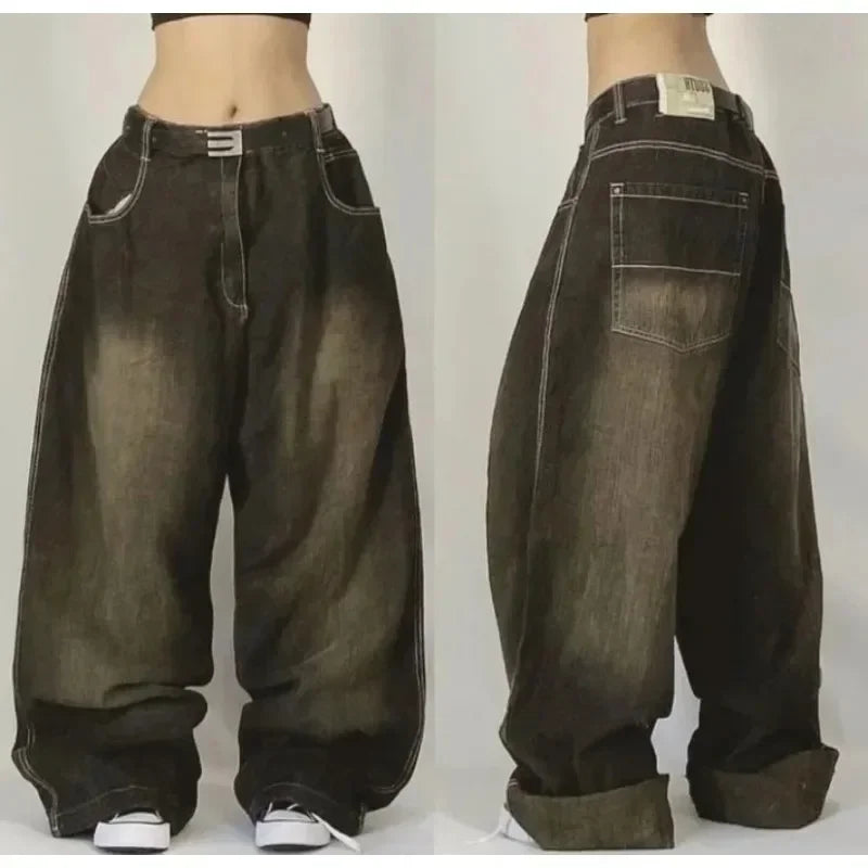 Streetwear New Fashion Oversized Print Baggy Jeans , High Waist Wide-leg Pants Trousers