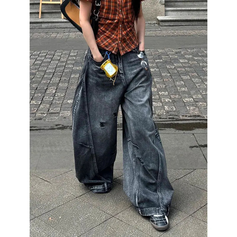 Black Jeans Women Vintage High Waisted Cargo Jeans Straight 2026 Summer Casual Loose Big Size Wide Leg Denim Baggy Pants