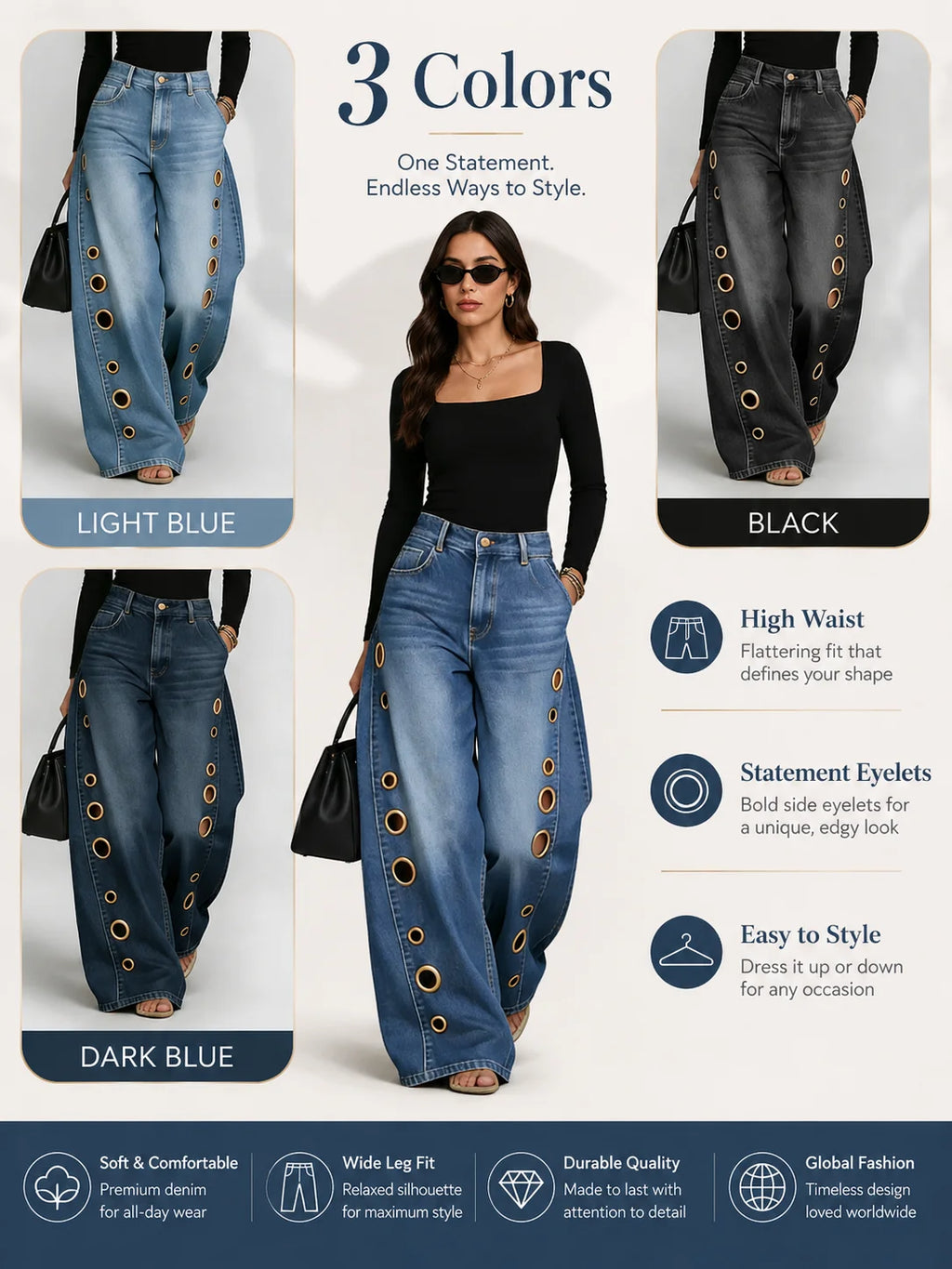 Women High Waist Wide Leg Jeans, Side Cutout Eyelet Rivet Denim Pants Loose Fit Hollow Out Flared Trousers Streetwear Fashion Baggy Jeans with Pockets