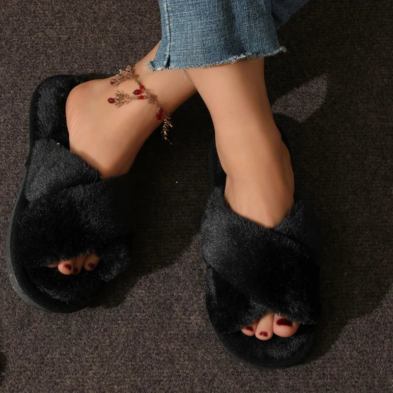 Autumn New Fashion Cross Strap Fur Slippers Women Indoor Light Warm Plush Home Slippers Woman Faux Fur Flat Heel Couple Slides