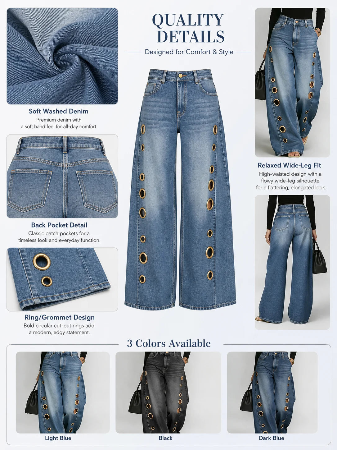 Women High Waist Wide Leg Jeans, Side Cutout Eyelet Rivet Denim Pants Loose Fit Hollow Out Flared Trousers Streetwear Fashion Baggy Jeans with Pockets
